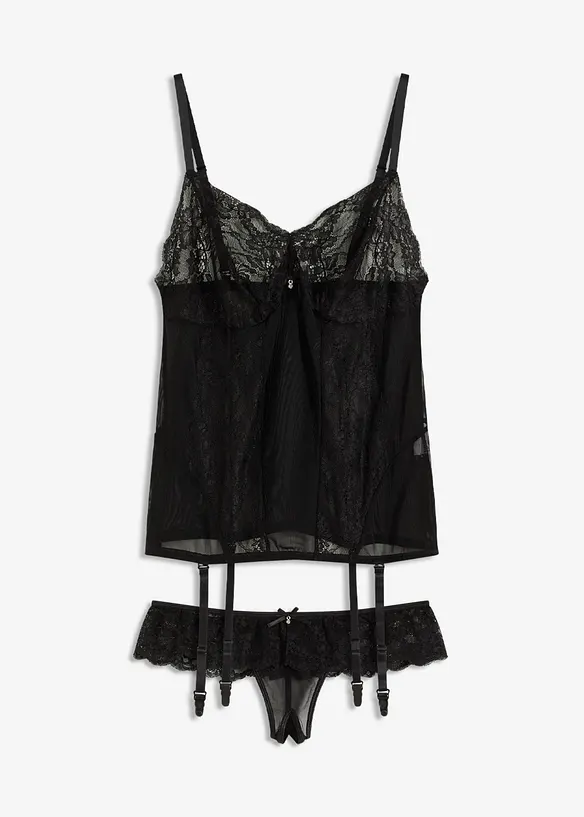 Korsett med str&oslash;mpeholder +stringtruse ouvert (2-delt sett), bonprix