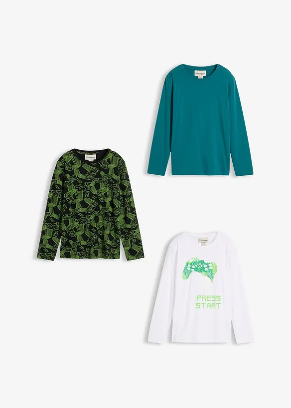 Langermet topp av myk økologisk bomullsmiks (3-pack), bonprix