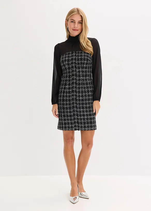 Minikjole i boucl&eacute; med chiffon-ermer, bonprix