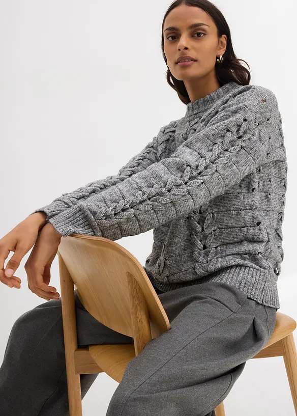 Grovstrikket genser med flettemønster, bonprix