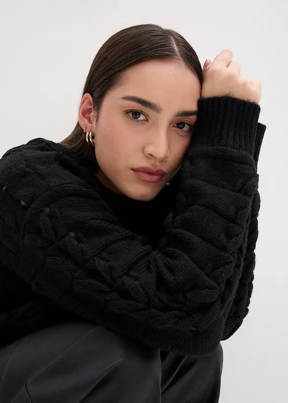 Grovstrikket genser med flettemønster, bonprix