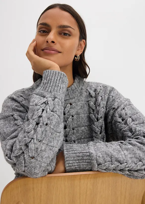 Grovstrikket genser med flettemønster, bonprix