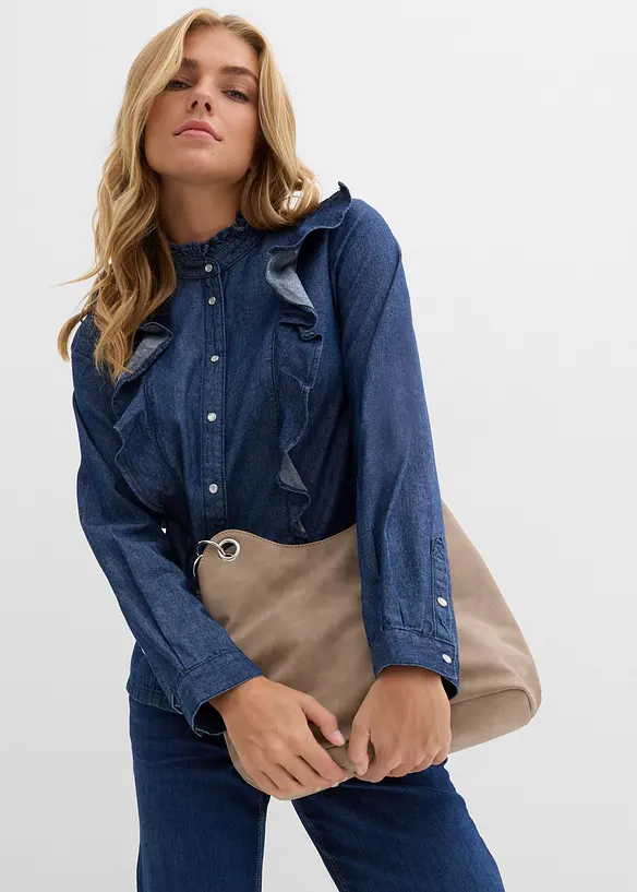 Denimbluse i 100% bomull med volanger, bonprix