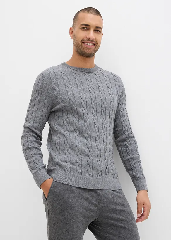 Fin- og kabelstrikket genser i myk bomullsmiks, Slim Fit, bonprix
