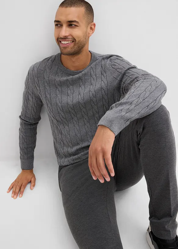 Fin- og kabelstrikket genser i myk bomullsmiks, Slim Fit, bonprix