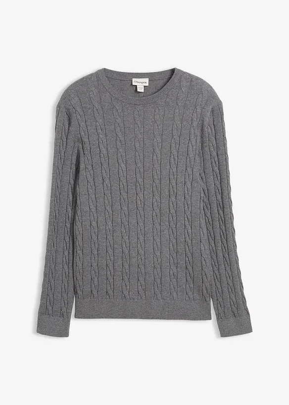 Fin- og kabelstrikket genser i myk bomullsmiks, Slim Fit, bonprix