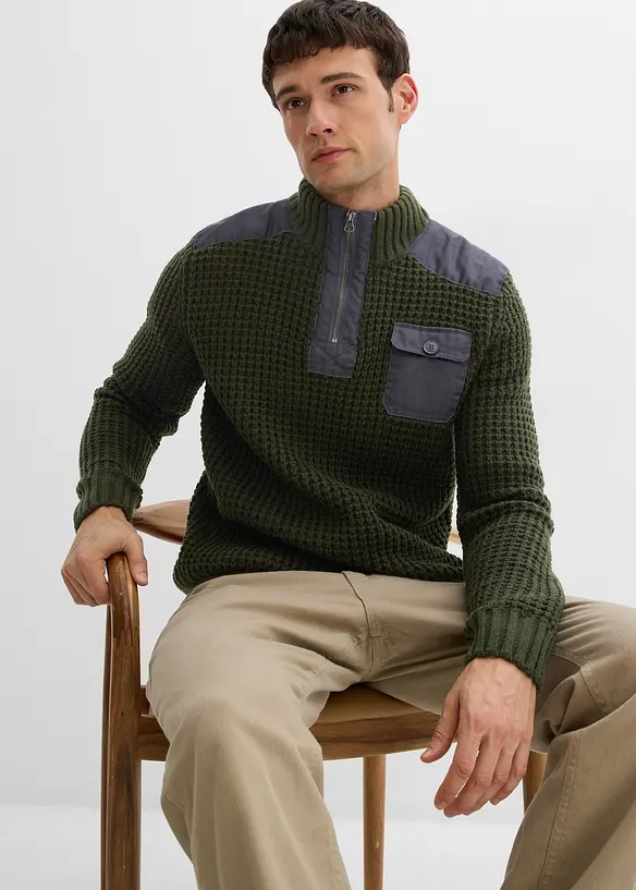 Grovstrikket troyer-genser med vevd besetning, bonprix