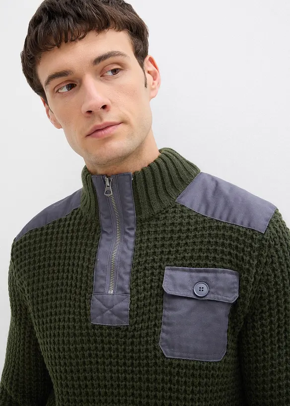 Grovstrikket troyer-genser med vevd besetning, bonprix