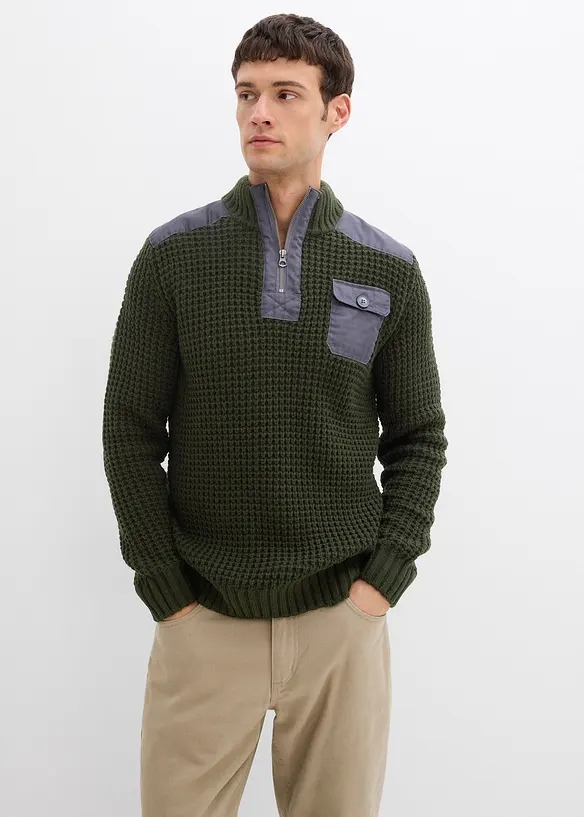 Grovstrikket troyer-genser med vevd besetning, bonprix