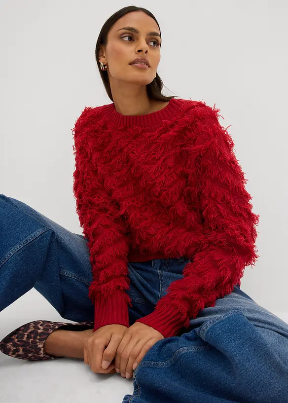 Grovstrikket genser med frynser, bonprix