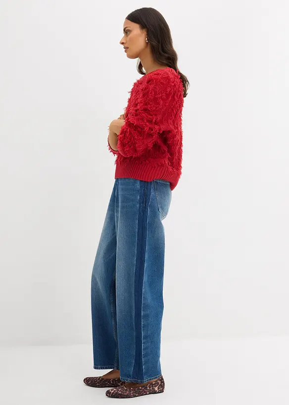 Grovstrikket genser med frynser, bonprix