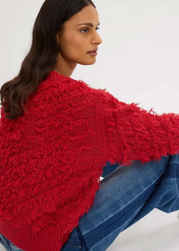 Grovstrikket genser med frynser, bonprix