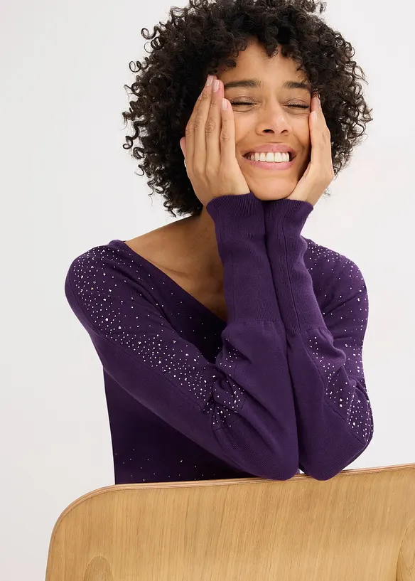 Finstrikket genser med strass, bonprix