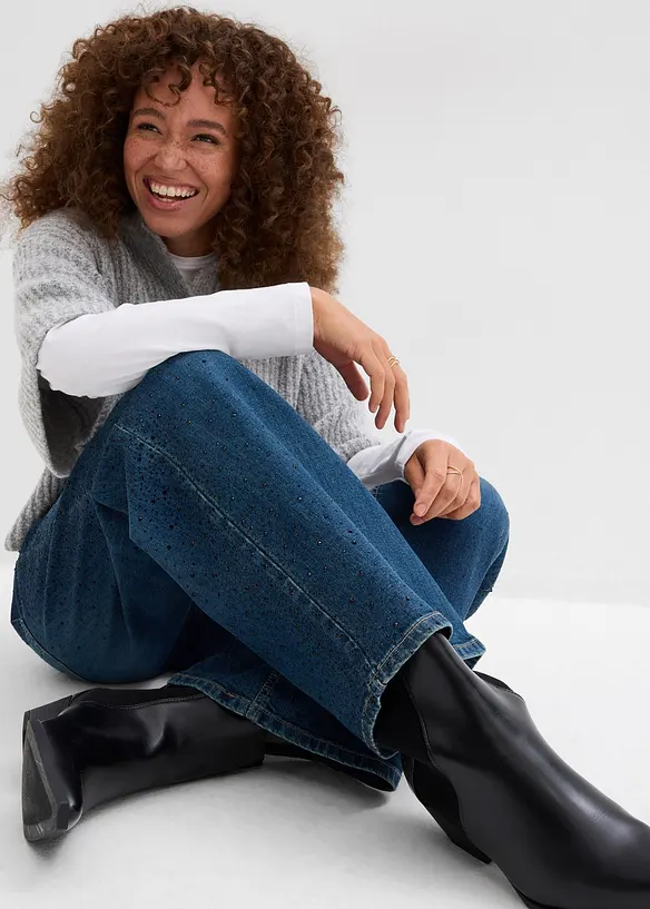 Wide Leg-jeans Mid Waist med glitterstener, bonprix