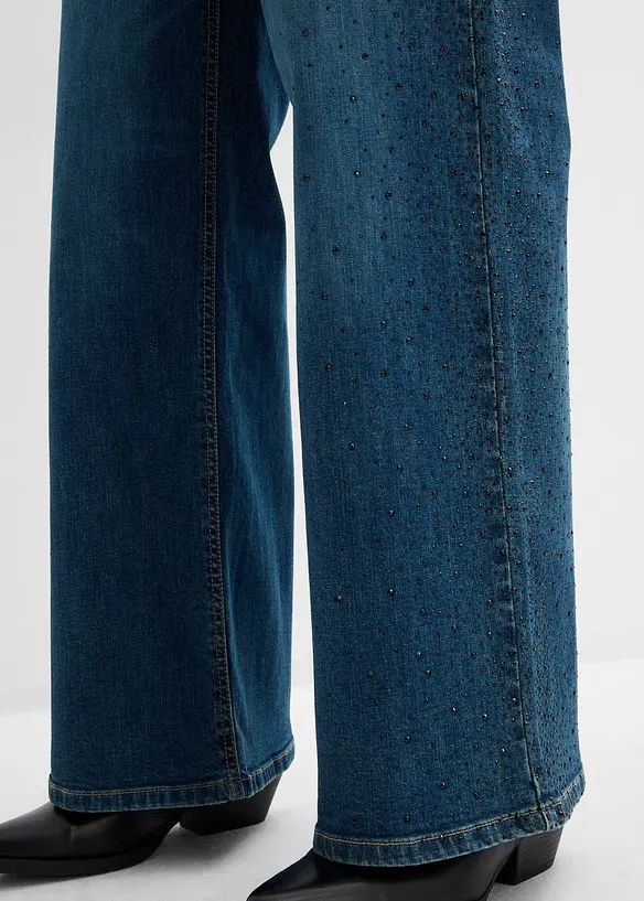 Wide Leg-jeans Mid Waist med glitterstener, bonprix