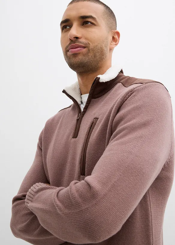 Grovstrikket troyer-genser med vevd besetning, bonprix