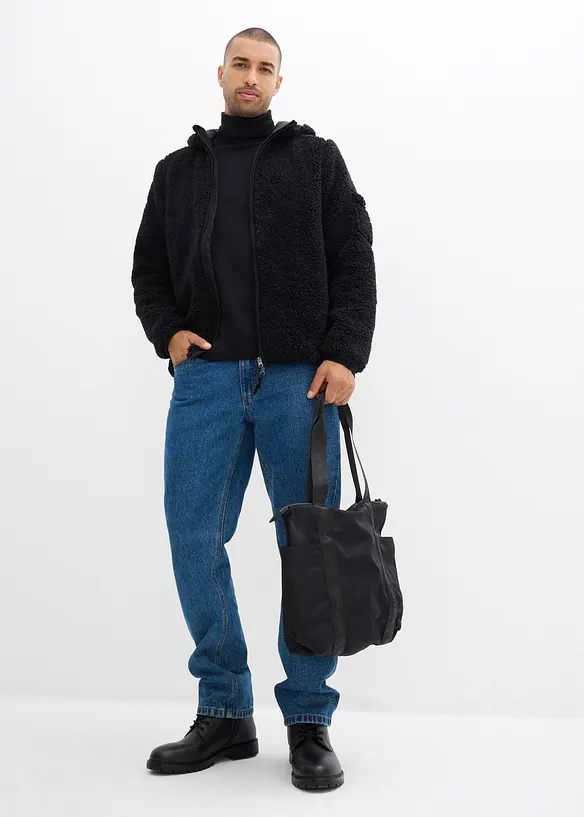 Hettejakke i pilefleece med vevd besetning, bonprix