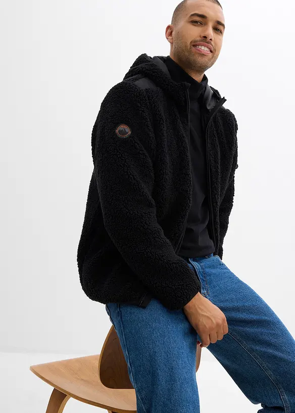 Hettejakke i pilefleece med vevd besetning, bonprix