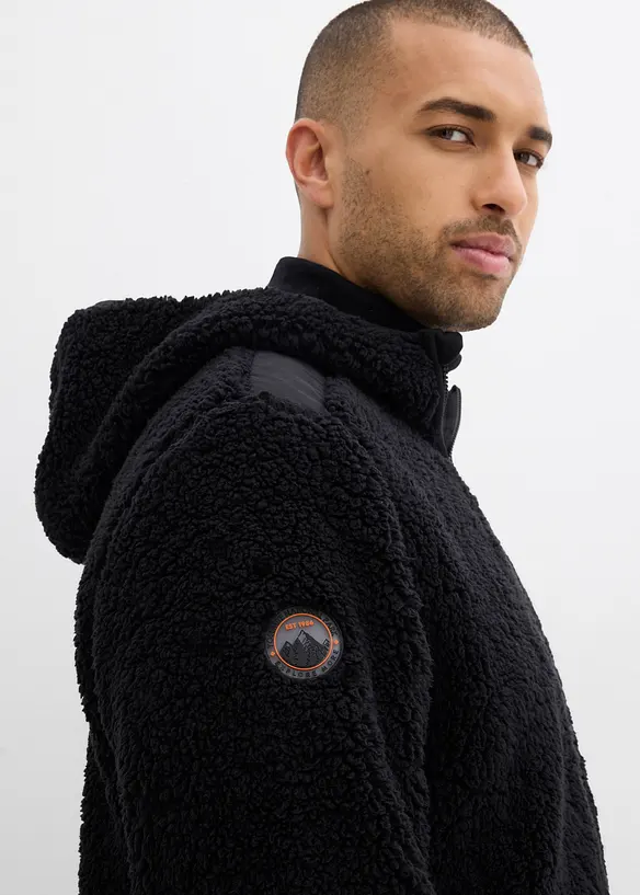 Hettejakke i pilefleece med vevd besetning, bonprix