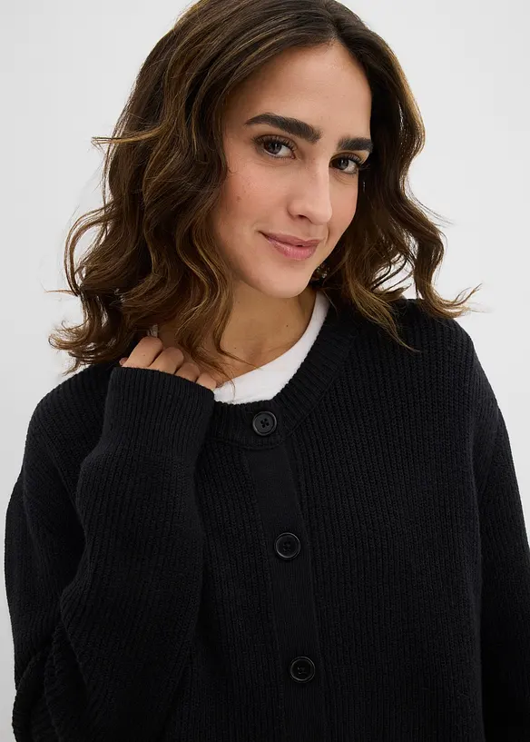 Ribbestrikket cardigan med rund hals, bonprix