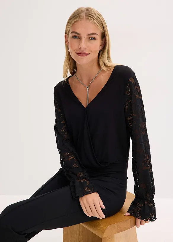 Langermet topp med blonder, bonprix