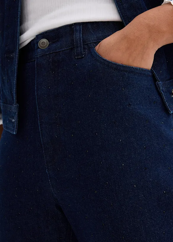Loose Straight-jeans High waist, komfortlinning med strass, bonprix