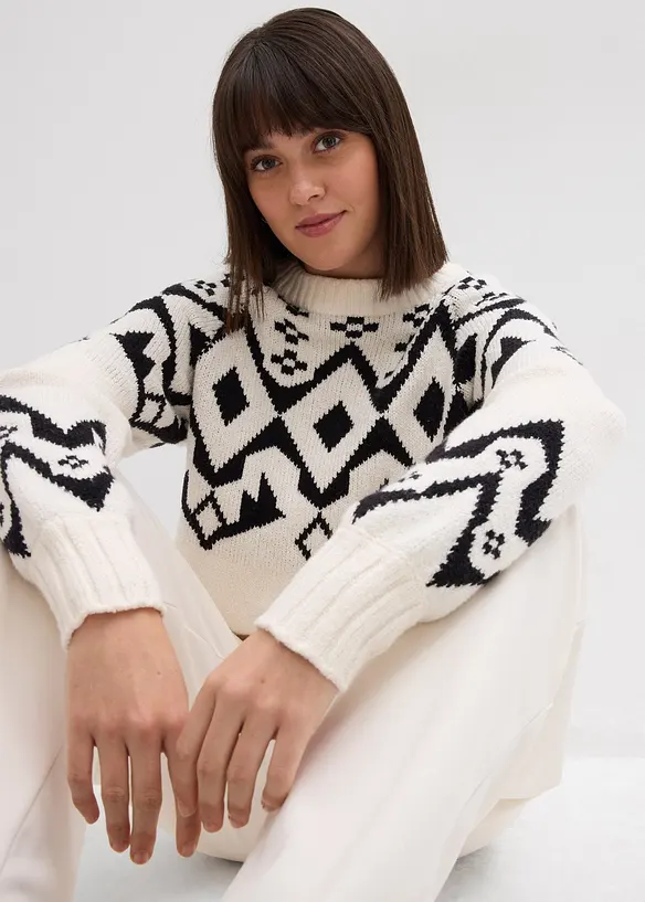 Oversized genser med moderne koftemønster, bonprix