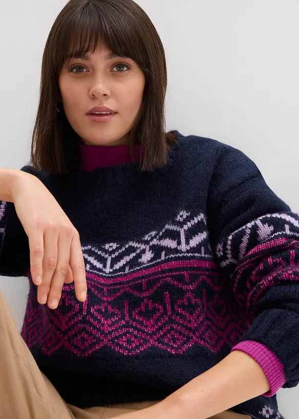 Oversized genser med moderne koftemønster, bonprix