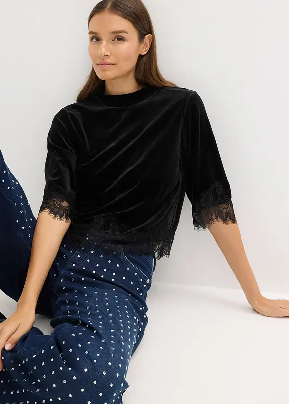 Fløyelstopp med blonder, bonprix