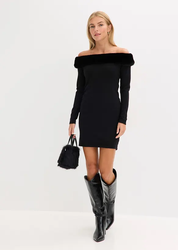 Strikketkjole med fuskepels-besetning, bonprix