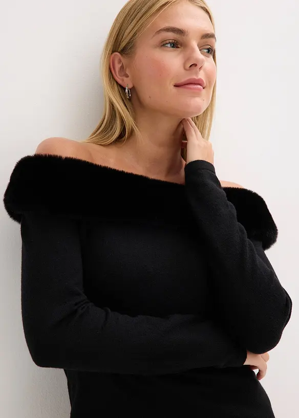 Strikketkjole med fuskepels-besetning, bonprix