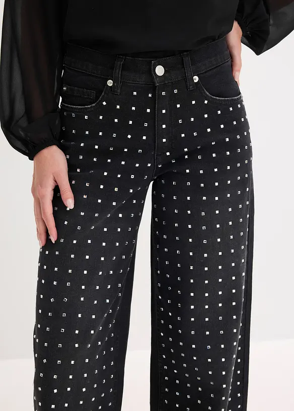 Straight-jeans Mid Waist med strass, Loose Fit, bonprix