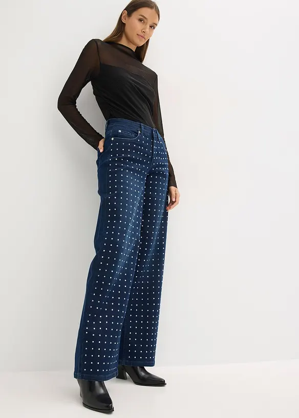 Straight-jeans Mid Waist med strass, Loose Fit, bonprix