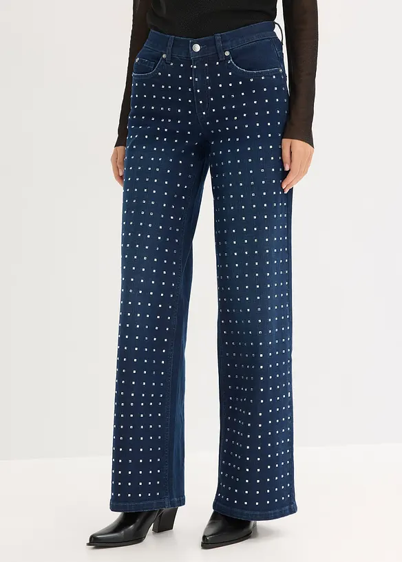 Straight-jeans Mid Waist med strass, Loose Fit, bonprix