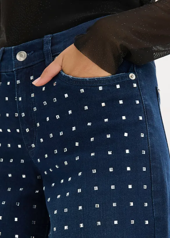 Straight-jeans Mid Waist med strass, Loose Fit, bonprix
