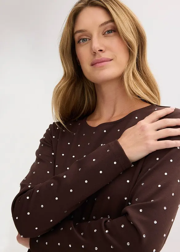 Langermet topp med strass-applikasjon, bonprix