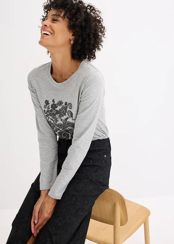 Langermet topp av &oslash;kologisk bomull med dekorativt trykk, bonprix