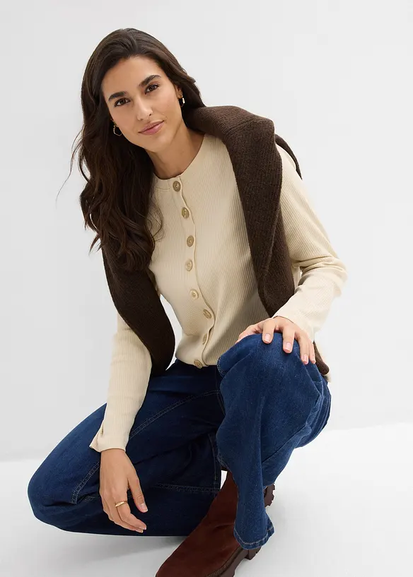 Langermet ribbet topp av 100% bomull, bonprix