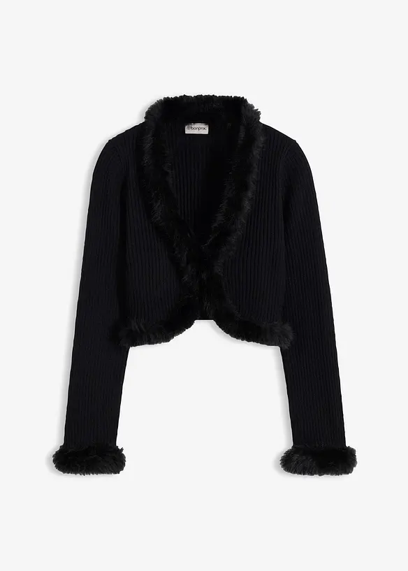 Finstrikket cardigan med fuskepels, bonprix