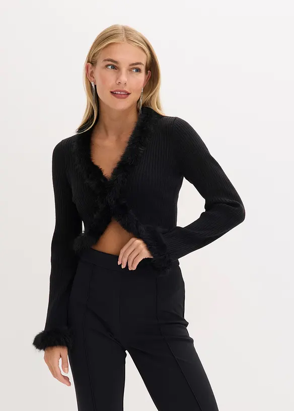 Finstrikket cardigan med fuskepels, bonprix