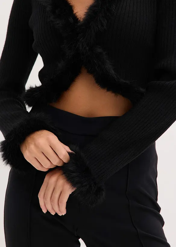 Finstrikket cardigan med fuskepels, bonprix