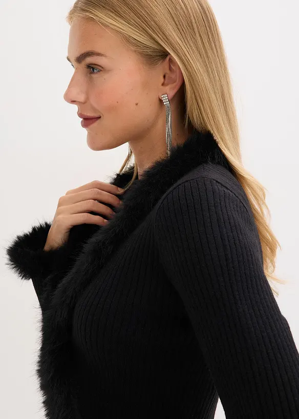 Finstrikket cardigan med fuskepels, bonprix