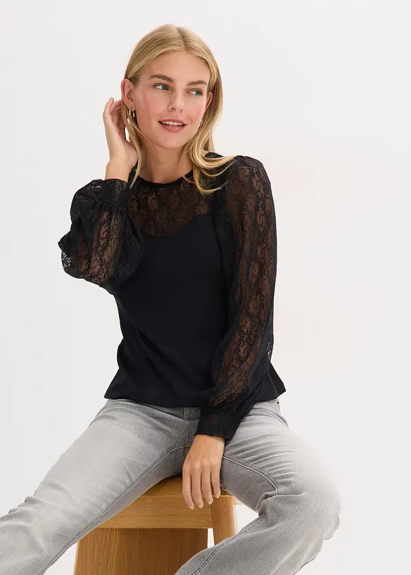 Langermet topp med blonder, bonprix