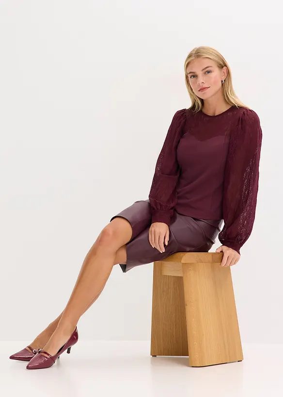 Langermet topp med blonder, bonprix