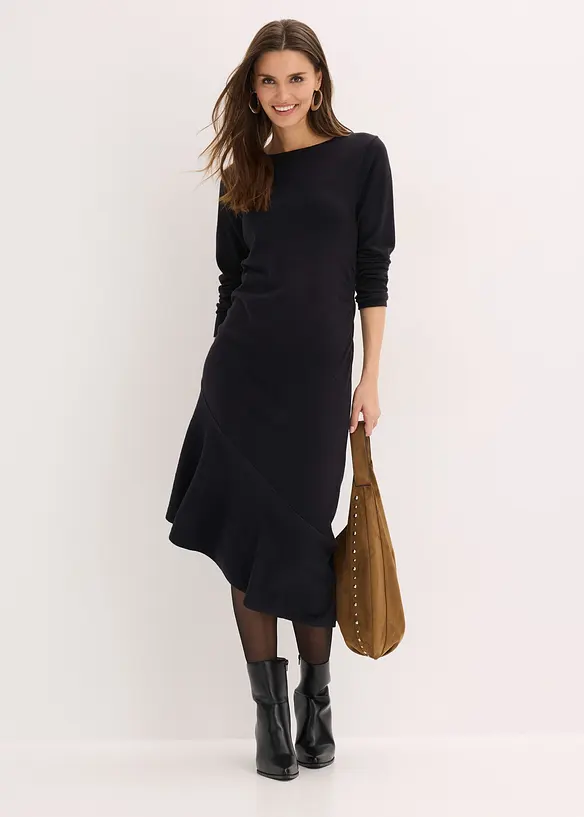 Strikkekjole med asymmetrisk fald av bomull og kasjmir, bonprix