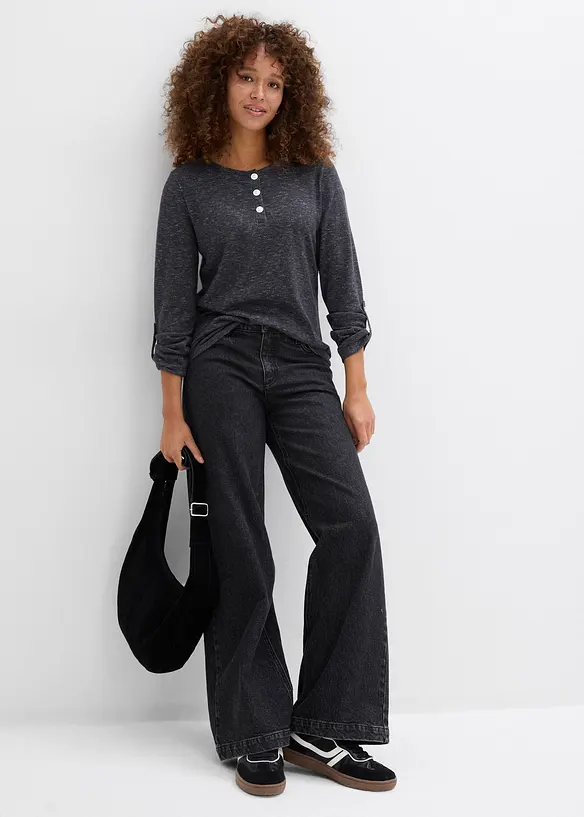 Langermet topp i bomullsmiks med knappestolpe, bonprix