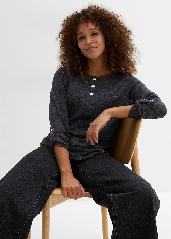 Langermet topp i bomullsmiks med knappestolpe, bonprix