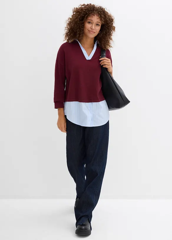 Genser i finstrikk med bluse-innfelling, bonprix