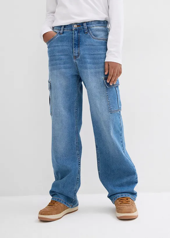 Loose Fit-cargojeans i denim med stretch og regulerbar linning, Straight, bonprix