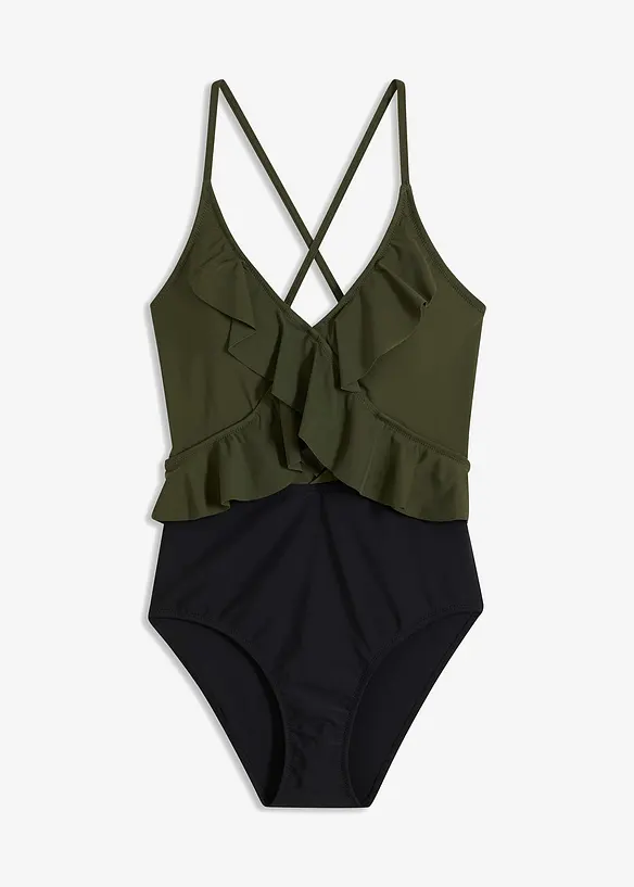 Badedrakt med cut out og volanger, bonprix